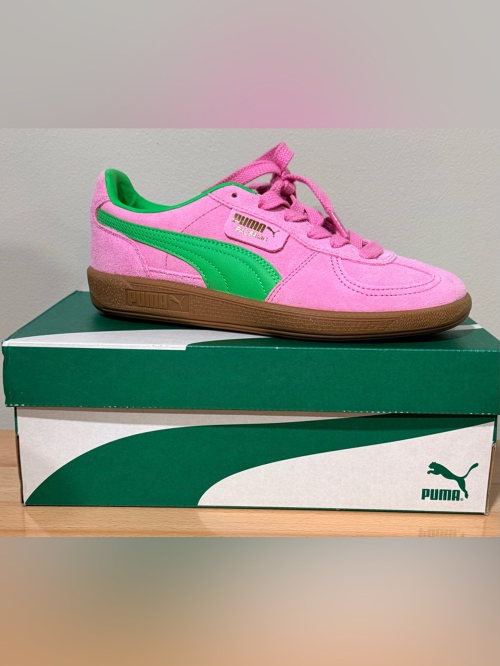 Puma Pink Suede Sneakers with Bright Green Formstrip